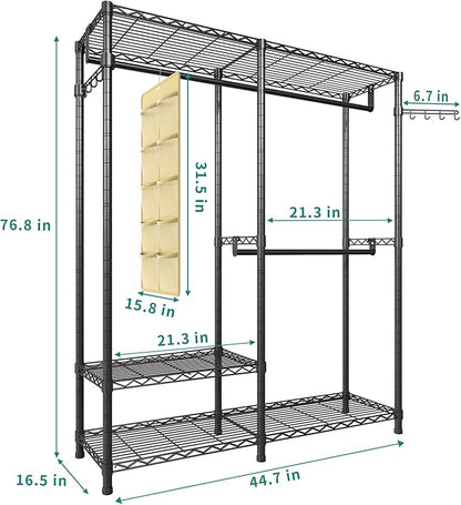 Heavy Duty Garment Rack, Metal Freestanding Closet Wardrobe Clothes Racks for Hanging Clothes, 4 Tiers Adjustable Wire Shelving, 44.9'' L x 16.5'' W x 76.8 '' H, Max Load 800LBS, Black