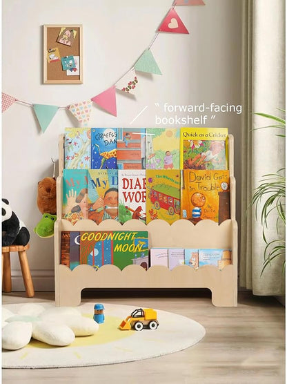 Kids Bookshelf Wooden 3-Tier, Scalloped Book Shelf for Kids Rooms, Front Facing Toddler Montessori Bookshelf, Baby Nursery Book Shelves Kids Classroom Bookshelf Bookcase