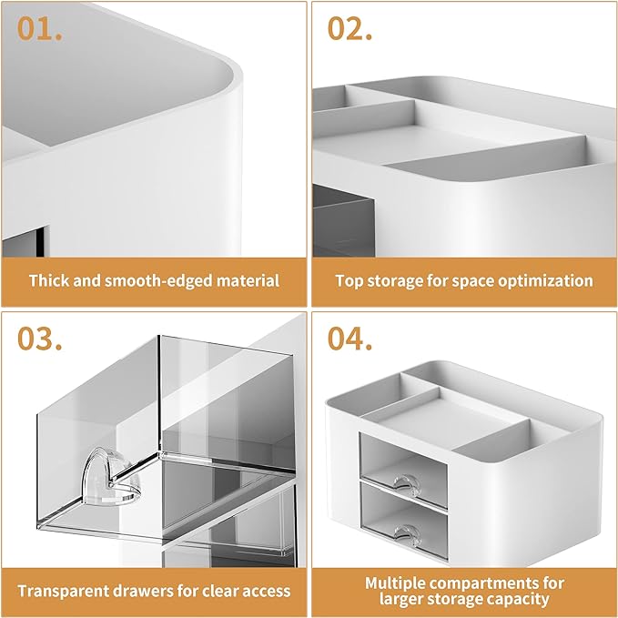 Marbrasse Pen Organizer with 2 Drawer, Multi-Functional Pencil Holder for Desk, Desk Organizers and Accessories with 5 Compartments + Drawer for Office Art Supplies (White)