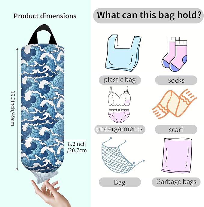 Plastic Bag Holder, Wall Mount Grocery Bag Organizer, Funny Hanging Trash Storage Dispenser for Home Kitchen Cute Blue Surf