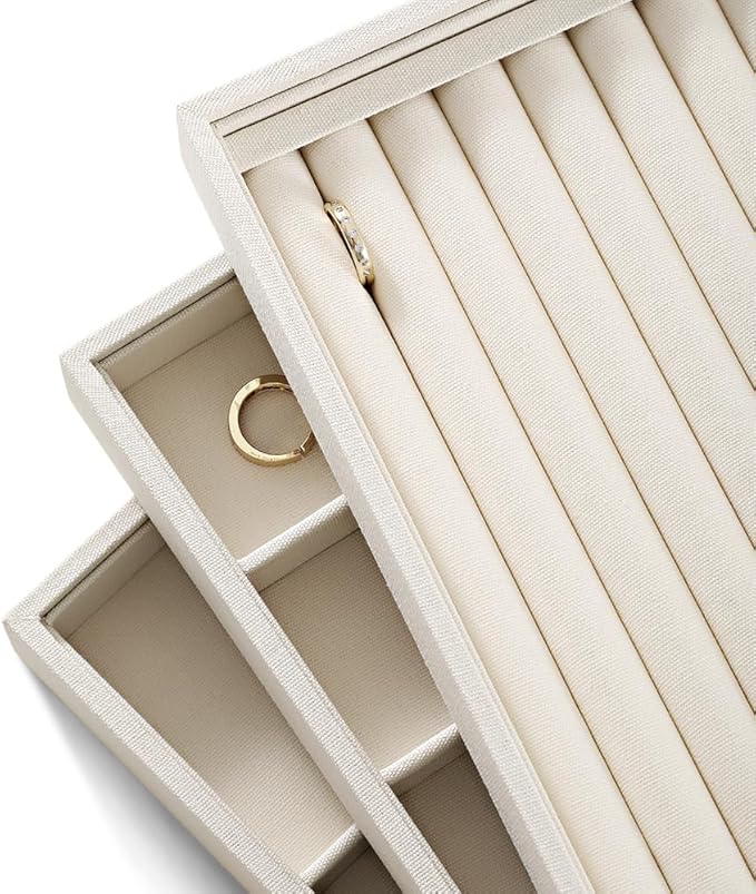 Dansmiy Linen 24 Grid Stackable Rings Earrings Display Tray, Brooch Ear Stud Cufflinks StorageTray, Jeweler Shop Counter Showcase Table Top Organizers, Makeup Table Drawer Insert Jewelry Tray