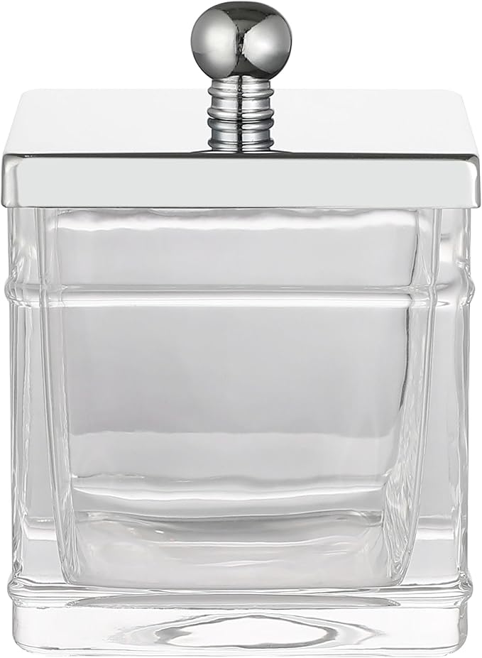 Indecor Home Apothecary Glass Cotton Jar Holder Silver Stainless Steel Lid, Elegant Bathroom Storage Canister for Qtips, Cotton Balls, Floss, Makeup Organizer, Vanity Bathroom Organization