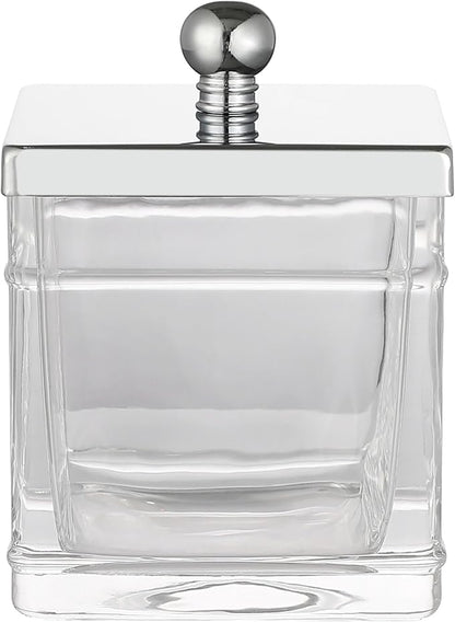 Indecor Home Apothecary Glass Cotton Jar Holder Silver Stainless Steel Lid, Elegant Bathroom Storage Canister for Qtips, Cotton Balls, Floss, Makeup Organizer, Vanity Bathroom Organization