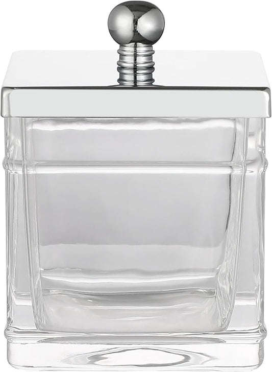 Indecor Home Apothecary Glass Cotton Jar Holder Silver Stainless Steel Lid, Elegant Bathroom Storage Canister for Qtips, Cotton Balls, Floss, Makeup Organizer, Vanity Bathroom Organization