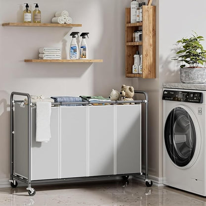 ROMOON Laundry Hamper Sorter Cart: 4-Section Organizer with Heavy-Duty Lockable Wheels and Removable Bags | 172L Rolling Laundry Basket for Dirty Clothes in Laundry Room or Small Spaces (Gray)