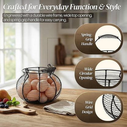 Flexzion Egg Basket for Gathering Fresh Eggs - Round Wire Countertop Egg Holder with Spring Handles, Farmhouse Chicken Eggs Collecting Basket Storage for Countertop, Kitchen Organizer and Farm (Black)