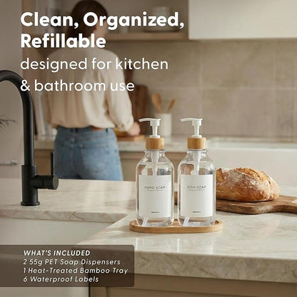Maisonovo Plastic Soap Dispenser Set | Hand Soap and Dish Soap Dispenser Set | 16.9oz Amber Bottles with Black Bamboo Pump | Bathroom Lotion Dispenser with Pump Set of 2
