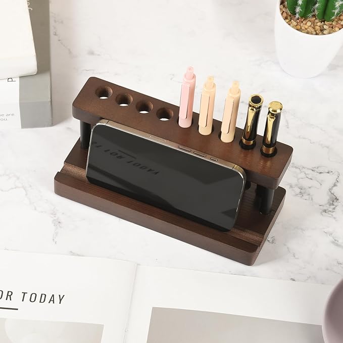 Wooden Pen Holder for Desk, Pencil Holder Wood Fountain Pens Display Stand with 9 Slots and Cell Phone Holder, Pen Organizer for Office, Home