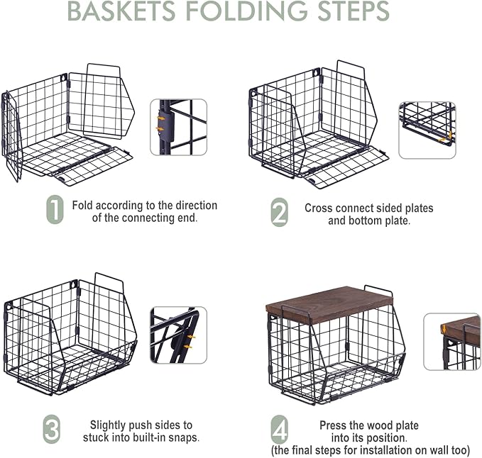 Wall Storage Hanging Baskets 2 PACK - Wooden Top Wire Basket Organizers & S Hooks - Assemble Floating Shelf Racks for Pantry Kitchen Office Bathroom Garage Organization (Large)