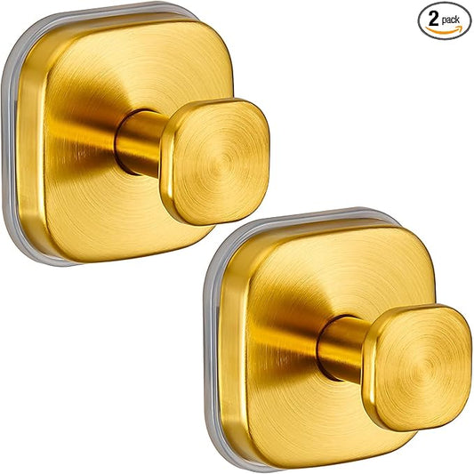 Fenas Suction Cup Hooks for Shower - Resuable Bathroom Hooks for Towels, Robes & Loofah - No-Drill Mounting on Kitchen,Walls,Metal,Glass,Mirrors,Tile & Smooth Non-Porous Surfaces (2, Brushed Gold)
