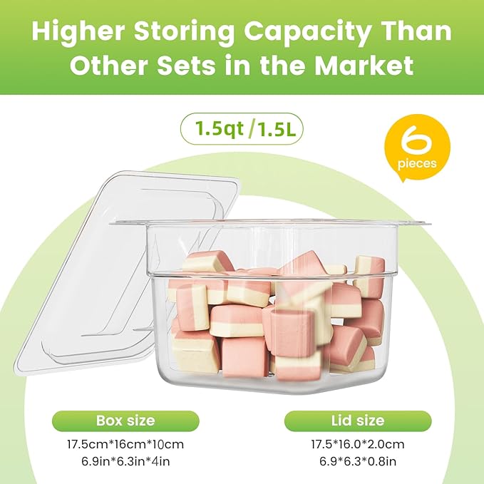 HNEDSEN 6 Pack Plastic Food Pan with Lid 1/6 Size 4 Inch Deep Restaurant Clear Food Storage Containers with lids Polycarbonate Commercial Hotel Pans for Fruits Vegetables Beans Corns (6 PCS, 4'' Deep)