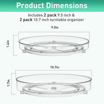 4 Pack Lazy Susan Organizer, 9.5 Inch, 10.7 Inch Lazy Susan Turntable for Cabinet, Turntable Organizer for Pantry Organizers and Storage, Non-Skid Fridge Organizer