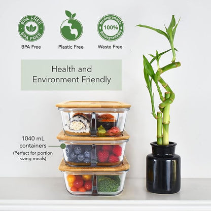 EcoPreps Glass Bento Box Containers with Bamboo Lids, 3 Compartment Glass Meal Prep Containers (3 Pack) - 100% Plastic Free, Eco-Friendly Lunch Container Set, Bamboo Lid Bento Boxes for Adults