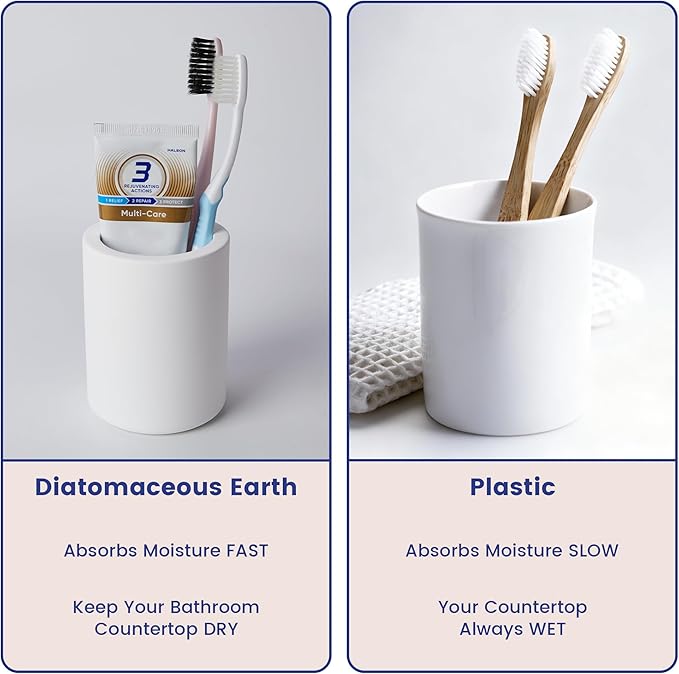 Drying Stone Toothbrush Holder, Diatomite Toothbrush Holders for Bathroom Counter, Quick Drying Electric Toothbrush and Toothpaste Holder Bathroom Organizer, White