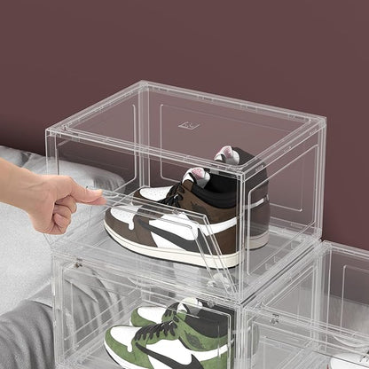 Waikhomes 6 Pack Shoe Boxes, Clear Stackable Plastic Sneaker Box Container, Side Open Shoe Organizer Case Container with Magnetic Clear Door
