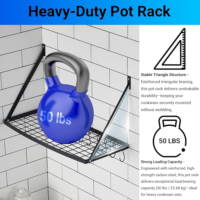 Miyili Wall Mounted Hanging Pot Rack – 30 by 13-Inch Kitchen Organizer with 10 Hooks, Space-Saving Cookware Hanger for Pots & Pans, Black