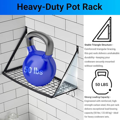 Miyili Wall Mounted Hanging Pot Rack – 30 by 13-Inch Kitchen Organizer with 10 Hooks, Space-Saving Cookware Hanger for Pots & Pans, Black