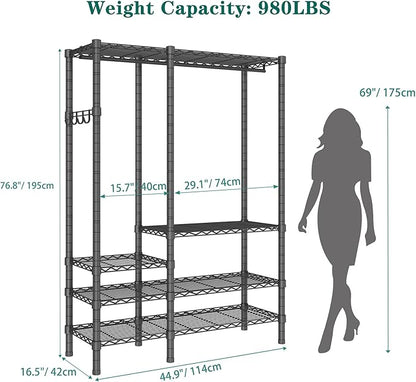 Heavy Duty Garment Rack, Metal Freestanding Closet Wardrobe Clothes Racks for Hanging Clothes, 4 Tiers Adjustable Wire Shelving, 44.9'' L x 16.5'' W x 76.8 '' H, Max Load 850LBS, Black