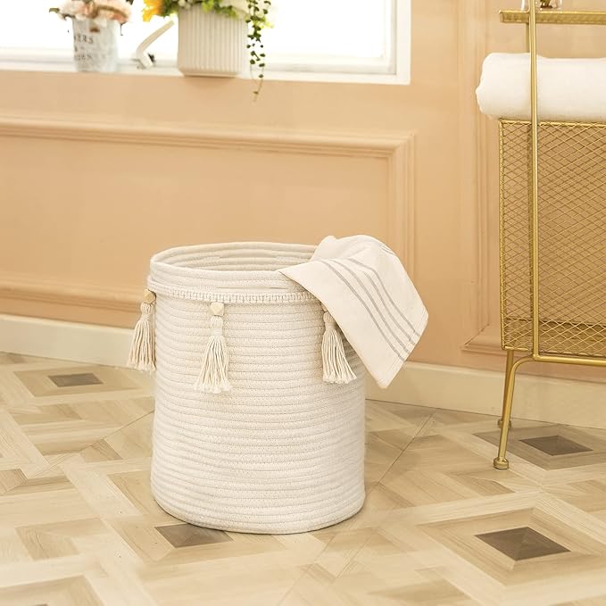 Mkono Macrame Decorative Cotton Rope Basket Boho Cute Woven Tassel Tall Basket Closet Storage Bins Organizer for Nursery,Baby Toys, Potted Plants Cover,Living Room,Bedroom Home Decor 15.7"x 19.6"