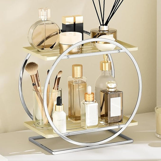 YIWANFW Perfume Organizer for Dresser, 2-Tier Bathroom Counter Organizer, Elegant Makeup Organizer for Vanity, Multi-Purpose Cosmetics Skincare Organizers Countertop (Silver Frame & Cream White Tray)