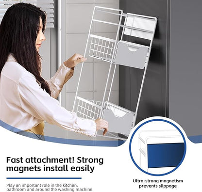 3 Tier Magnetic Shelves for Washing Machine with Pull Out Metal Drawer,Magnetic Spice Rack for Fridge,Magnetic Rack with no Installation, Versatile Storage Organizers for Home (White, 3 Tier)