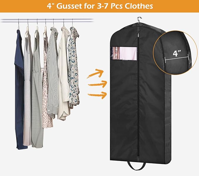 MISSLO 43" Mens Garment Bags for Travel Waterproof Suit Bags for Closet Storage for Shirts, Jackets, Coats, Black, 2 Packs