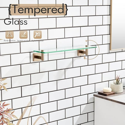 KOKOSIRI Wall Shelves Bathroom Hardware Tempered Glass Floating Shelf Hanging Rack Storage/Room Decor 20-Inch Champagne Bronze 2 Pack B1105CPG-L20-P2
