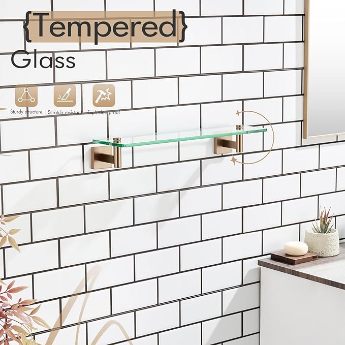 KOKOSIRI Wall Shelves Bathroom Hardware Glass Floating Shelf 20-Inch for Bedroom, Living Room, Kitchen, Hanging Rack Champagne Bronze B1105CPG-L20