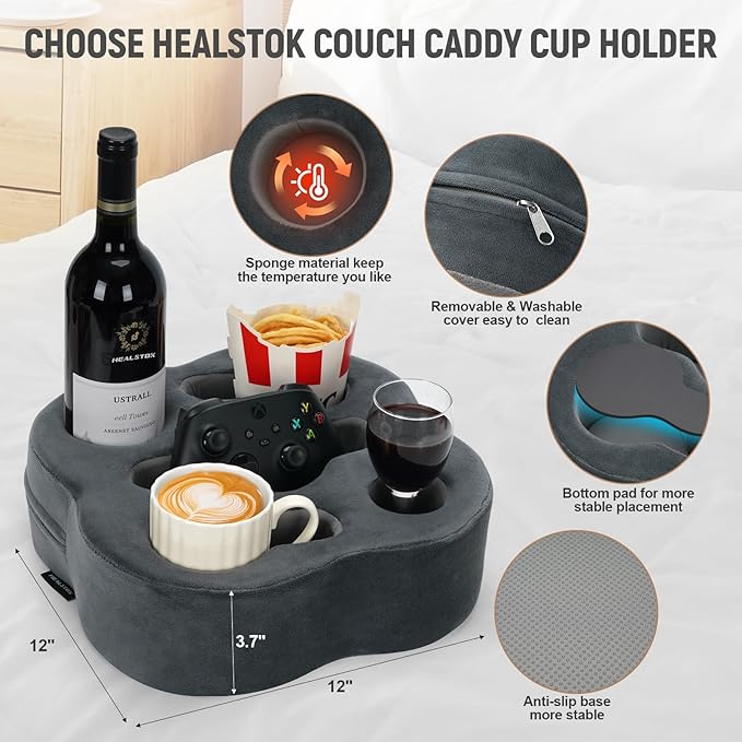 Couch Cup Holder | Sofa Cup Holder Pillow Drink Tray Organizer for Drinks, Remotes, Phones, Snacks (Grey, 12 * 12 * 3.7 Inch)