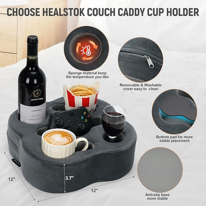 Couch Cup Holder | Sofa Cup Holder Pillow Drink Tray Organizer for Drinks, Remotes, Phones, Snacks (Grey, 12 * 12 * 3.7 Inch)