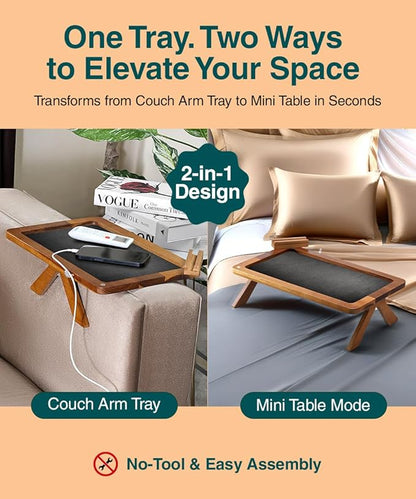 Acacia Couch Arm Tray Table – Fits Most of The Sofa Arms, 3 in 1 Adjustable Couch Arm Table with 360° Rotating Phone Holder, Wire Holder & Non-Slip Mat – Perfect Sofa Tray for Snacks & Coffee
