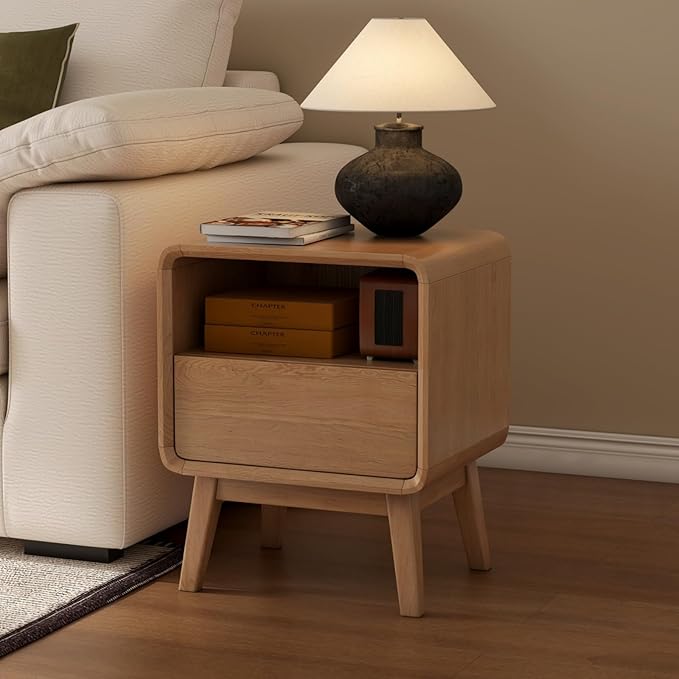 Vadisun 100% Solid Oak Wood Nightstand, Natural Wood Nightstand with Drawer Open Shelf, Mid Century Modern Night Stand, Small Side End Tables, Oak Bedside Table for Bedroom(16.54" Wx13.78 Dx20.47 H)