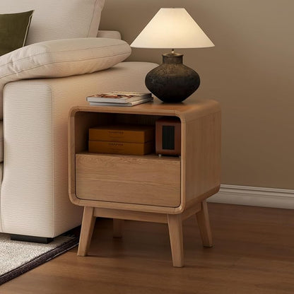 Vadisun 100% Solid Oak Wood Nightstand, Natural Wood Nightstand with Drawer Open Shelf, Mid Century Modern Night Stand, Small Side End Tables, Oak Bedside Table for Bedroom(16.54" Wx13.78 Dx20.47 H)