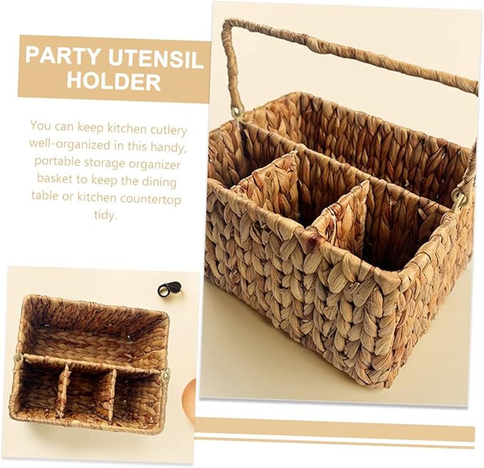 Woven Straw Storage Basket for Kitchen Home Decor Utensil Organizer Multi-compartment Cutlery Holder Folding Handle Natural Style