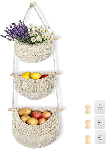 3 Tier Hanging Fruit Baskets for Kitchen, Boho Cotton Rope Handwoven Vegetable Hammock Produce Storage Wall Mounted Large Organizing Basket for Farmhouse Decor, Over The Door, Onion, Potato (White)
