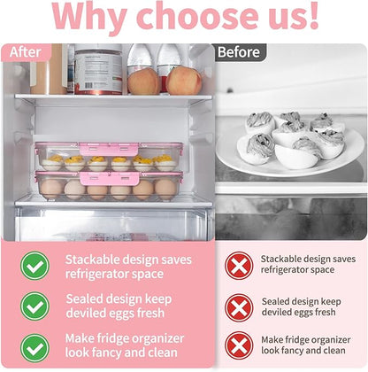 2 Pack Deviled Egg Containers with Lid and Handle, Durable Clear Plastic Deviled Egg Carrier Storage 48 Eggs, Stackable Egg Holder for Fridge, Portable Tray Platter for Party & Picnics-Pink