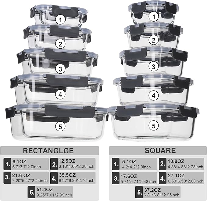 coccot Glass Food Storage Containers with Lids Airtight, Glass Meal Prep Containers for Lunch Food, Container Set, Easy to Open& Close/Microwave,Oven,Freezer,Dishwasher Safe/Leak-Proof（20 Pieces）