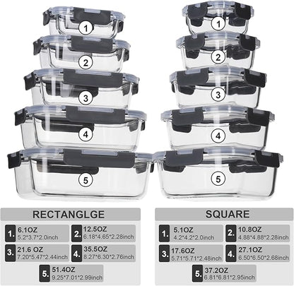 coccot Glass Food Storage Containers with Lids Airtight, Glass Meal Prep Containers for Lunch Food, Container Set, Easy to Open& Close/Microwave,Oven,Freezer,Dishwasher Safe/Leak-Proof（20 Pieces）