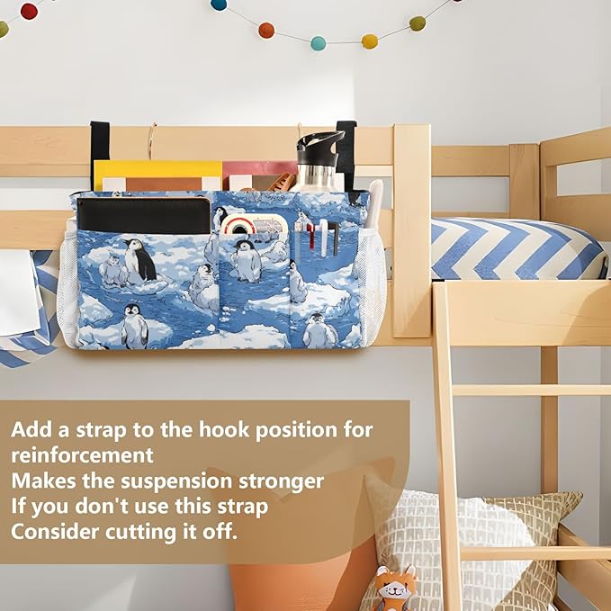 CuwrYet Bedside Caddy Hanging Bunk Bed Caddy Bed Organizer Hanging Pocket with 2 Hooks Bedside Storage Organizer Pocket Bag Holder Blue Penguins Ice Floes Snow Water