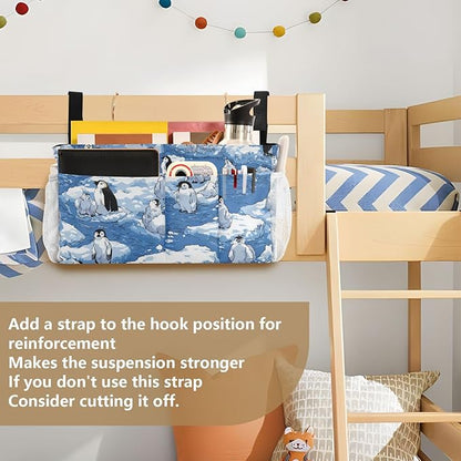 CuwrYet Bedside Caddy Hanging Bunk Bed Caddy Bed Organizer Hanging Pocket with 2 Hooks Bedside Storage Organizer Pocket Bag Holder Blue Penguins Ice Floes Snow Water