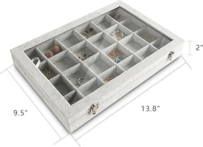 Frebeauty 24 Grid Earring Holder Organizer Tray, Jewelry Organizers and Storage for Drawer,Velvet Jewelry Display Storage for Earrings,Rings,Studs,10.5 x 6.5 x 1.2 Inches Gift for Women (Grey)