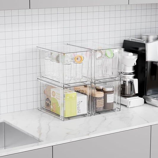 SUOXING 4 Pack Clear Stackable Storage Drawers,7.3″ High Large Baby Bottle Organizer,Bathroom Closet Organizers and Storage,Acrylic Storage Containers and Home Edit Organizer Bins for Cabinets,Pantry