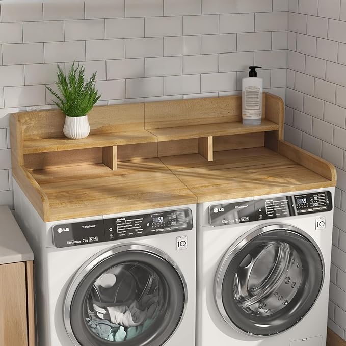 Washer Dryer Countertop, Laundry Wood Shelf Topper with Edge, 2-Tier Laundry Countertop, for Washer and Dryer Laundry Hamper Counter Storage Organization (Natural)