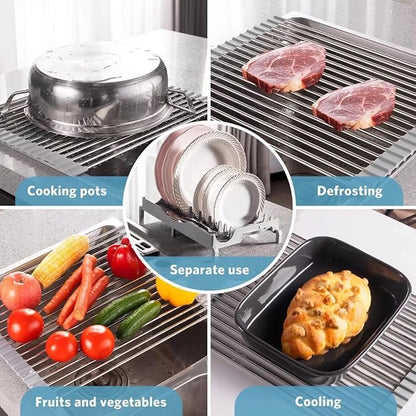 EMIERAI Upgraded Roll Up Dish Drying Rack(21.5” x 13.1”) Over Sink Dish Drainer Foldable Stainless Steel Trivet for Kitchen Countertop