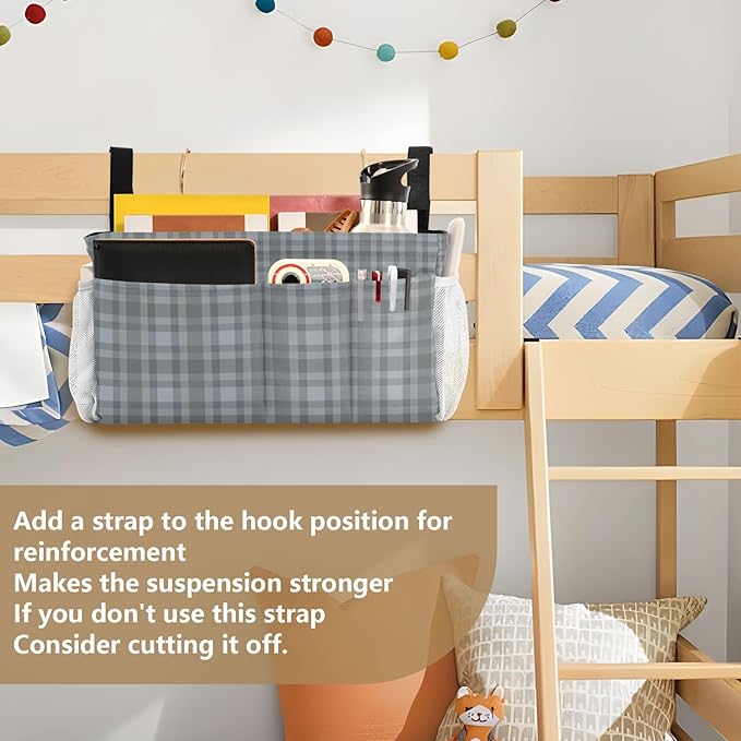 CuwrYet Bedside Caddy Hanging Bunk Bed Caddy Bed Organizer Hanging Pocket with 2 Hooks Bedside Storage Organizer Pocket Bag Holder Grey Plaid