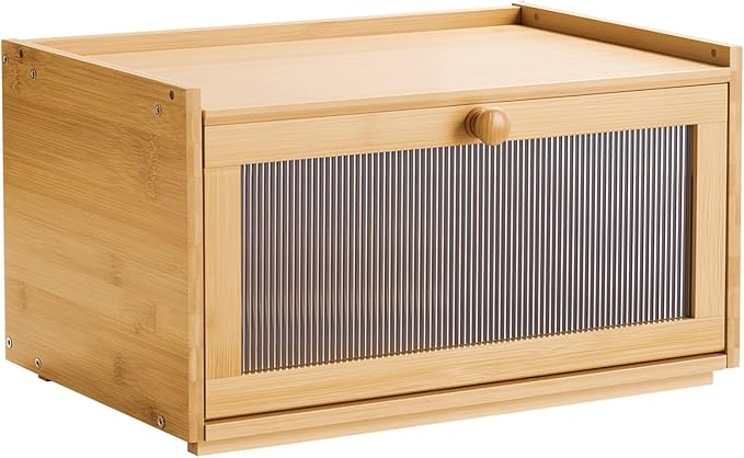 VEVOR Bread Box for Kitchen Counter, Large Capacity Bamboo Bread Storage Container, Farmhouse Wooden Breadbox Organizer for Homemade Bread, Storage Holder Bin with Acrylic Wavy Door Panel, Natural