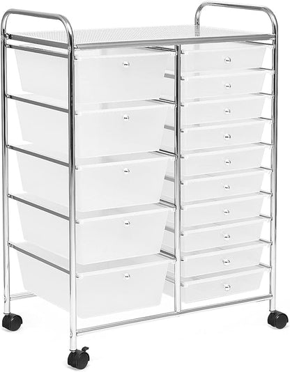 KOTEK 15-Drawer Rolling Storage Cart, Multipurpose Mobile Utility Cart with 4 Wheels, Home Office School Tools Scrapbook Paper Organizer (Clear)