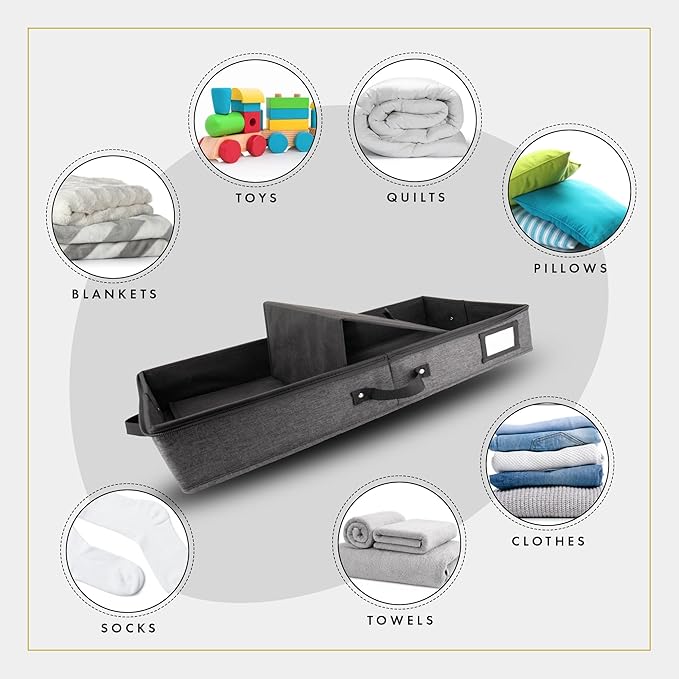 HOMELUX THEORY 2pc Low Profile Under Bed Storage Containers, Thin Under Couch Storage Organizer with Bins & Lids, Underbed Storage Box Ideal for Seasonal Clothes, Blankets, Fabric & Shoes (Dark Gray)
