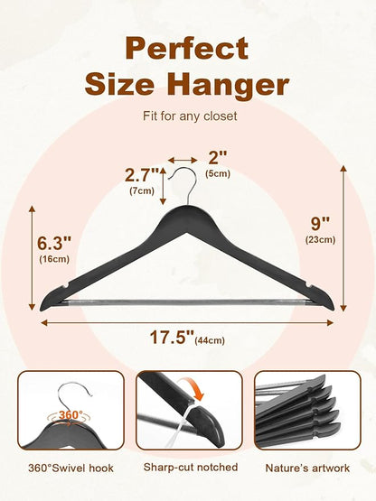 HOUSE DAY Black Wooden Hangers 20 Pack, Solid Wood Hanger with Non Slip Pant Bar, Heavy Duty Wooden Coat Hanger for Closet, Smooth Finish Wood Clothes Hangers for Shirts, Suits, Jackets, Dress