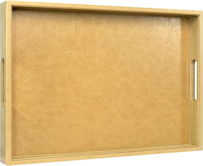 20 * 14 inches Leather Rectangle Serving Tray with Hole Handles,High-End Light Large Service Tray for Ottoman Tray, Tea, Food, Butler - Countertop, Kitchen,Family Dinner, Picnic (Brown)